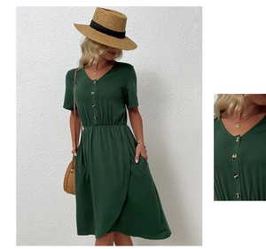 Detail view of the V-neckline and wooden buttons on this green casual summer dress