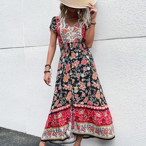 Bohemian Floral Print V-Neck Midi Dress Women Summer Viscose Short Ruffle Sleeve Split A-Line Casual Vacation Beach Dress