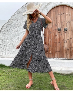 Floral V-neck summer dress with side slit and waist tie details for vacation look