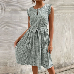 Women Elegant Floral Sleeveless Pleated Midi Dress With Waist Tie Summer Casual Round Neck A-Line Chiffon Style Dresses