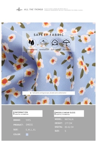 Detailansicht der Stofftextur des blauen Blumenkleides mit Größentabelle für V-Ausschnitt Kleider