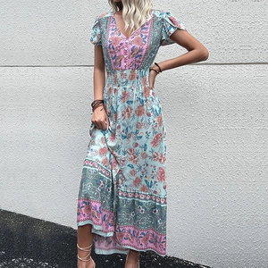 Summer V-neck boho floral maxi dress with petal sleeves and high-waisted split design