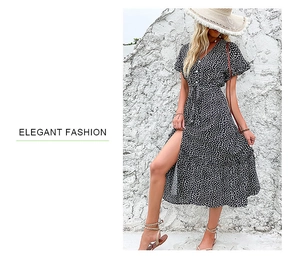 Detail of V-neck floral midi dress with white buttons and elegant high slit design