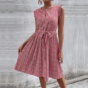 Women's summer pleated red floral dress with sleeveless design and waist tie belt