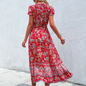 Bohemian red floral V-neck midi dress with flutter sleeves and split hem for summer vacation