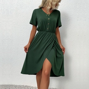Elegant Women V-Neck Short Sleeve Dark Green Midi Dress Solid Color Irregular Hem Button Trim Summer Fashion Vacation Wrap Dress
