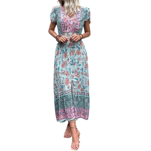 Bohemian floral V-neck maxi dress in light blue with flutter sleeves and side slit