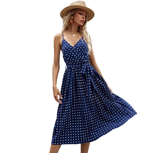 Blue chiffon midi pleated dress with white polka dots, V-neck and waist tie design