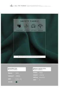 Detail view of dark green pleated dress fabric texture and professional size specifications