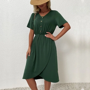Short sleeve dark green V-neck dress with button details and asymmetric slit hem