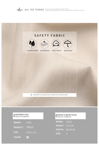 Close-up of beige breathable fabric texture and size guide for sleeveless V-neck maxi dress