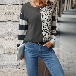 T-Shirt Décontracté à Manches Longues pour Femmes Patchwork Col Rond Imprimé Léopard Rayé Color Block Top en Tricot Gaufrette
