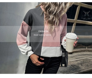 Detailed waffle texture of long sleeve color-block knit sweater in pink and grey