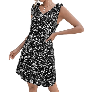 Women's V-neck leopard print summer dress with ruffled straps and loose A-line silhouette