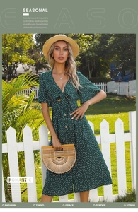 Detail of V-neck dark green polka dot midi dress with adjustable bow tie and wooden buttons