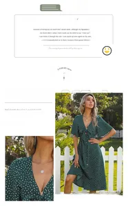 Detail of V-neckline with bow tie and button front on green polka dot dress