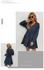 Detail view of navy blue V-neck tiered dress with long sleeves and drawstring waist