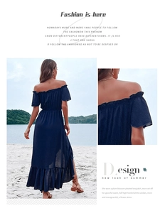 Detail of off-the-shoulder neckline and ruffle sleeves on navy blue chiffon summer dress