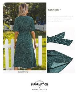 Detail of green polka dot dress showing the waist tie and flowing chiffon skirt texture