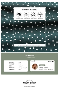 Detailed fabric specs and size guide for green polka dot deep V-neck midi dress