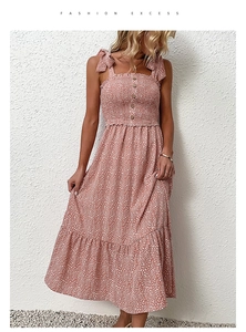 Detailed view of pink floral summer dress with smocked bodice and tie-up straps