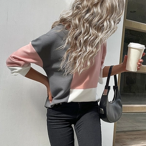 Women's waffle knit color-block crewneck sweater in pink, white and grey casual style