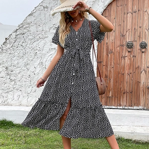 Fashionable summer V-neck floral maxi dress with waist tie and ruffle sleeves