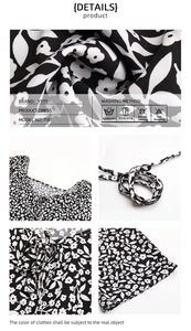 Detail view of V-neck tie-up collar and floral pattern texture on women's fall dress
