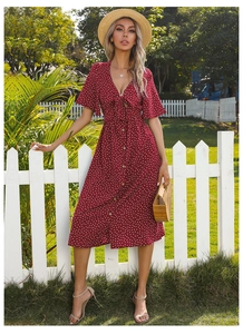 Polka dot V-neck midi dress detail with bow tie front and decorative front buttons