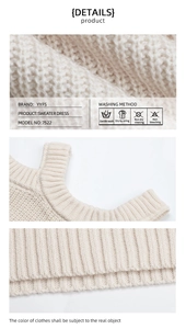 Detailed knit texture and ribbed hem of a beige off-the-shoulder sweater dress