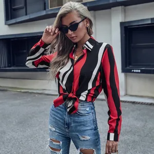 Chemise à Rayures Mode pour Femmes Manches Longues Col Rabattu Ample Imprimé Polyester Chemisier Décontracté Streetwear Top