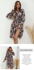 Detail view of French vintage floral long sleeve dress with waist cinching design