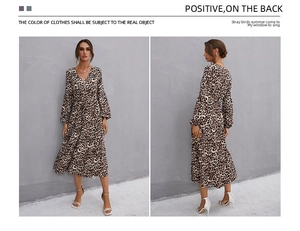 Detailed front and back views of leopard print midi dress with V-neck and cuffed sleeves
