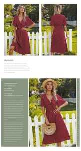 Detail view of red polka dot dress featuring a deep V-neck with bow and ruffled sleeves