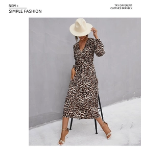 Detail of V-neck leopard print midi dress with waist tie and ruffled hem design