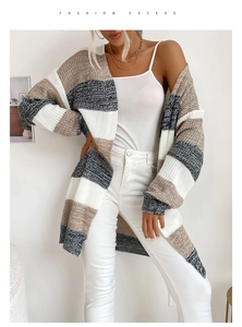 Detailed view of the thick knit texture and striped pattern of this long cardigan