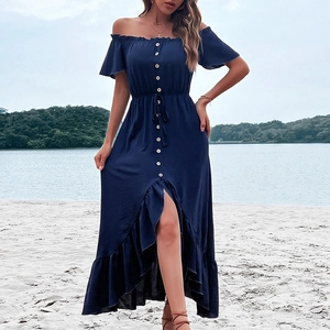 Navy blue off-shoulder ruffled maxi dress with button-down front and high-low hem
