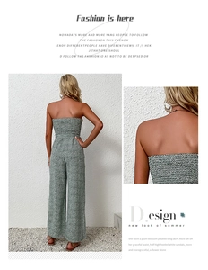 Detail of floral strapless wide leg jumpsuit with back tie design and high waist