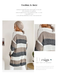 Close-up of knit texture and striped pattern on long-sleeve oversized cardigan sweater