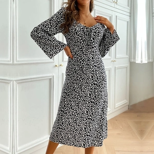 Floral print V-neck midi dress with long bell sleeves and waist tie in black and white