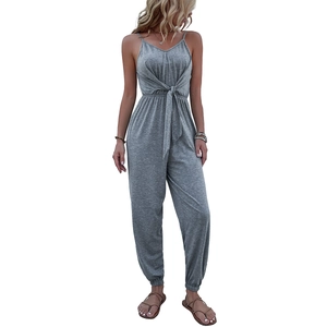 Women's casual grey V-neck jumpsuit with waist tie and elastic cuffs for summer wear