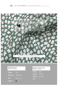 Detail of green floral jumpsuit fabric showing breathable texture and size chart