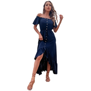 Navy blue off-shoulder maxi dress with ruffle sleeves and asymmetrical buttoned hem