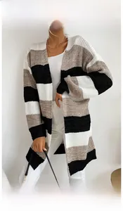 Detail view of chunky knit striped cardigan with black, white and khaki horizontal bands