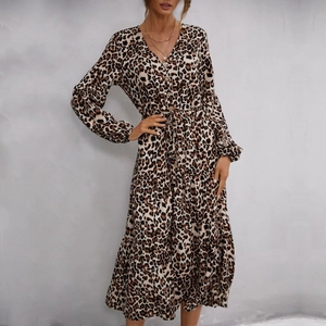 Women Elegant Leopard Print Long Sleeve V Neck Midi Dress Ruffle Button Down Drawstring Waist Autumn Casual Fashion Dress