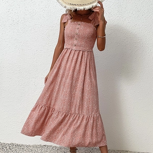 Floral off-shoulder high waist maxi dress in pink with spaghetti straps and wood buttons