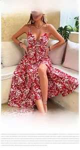Close-up of red floral sundress featuring thin straps and elegant V-neckline detail