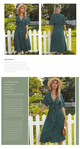 Detail of V-neck polka dot dress with bow tie front and ruffle sleeves in green