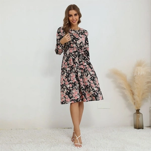 Elegant black long sleeve floral dress with pink print and slim fit waist design