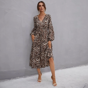 Women's leopard print V-neck midi dress with long sleeves and button-down front waist tie